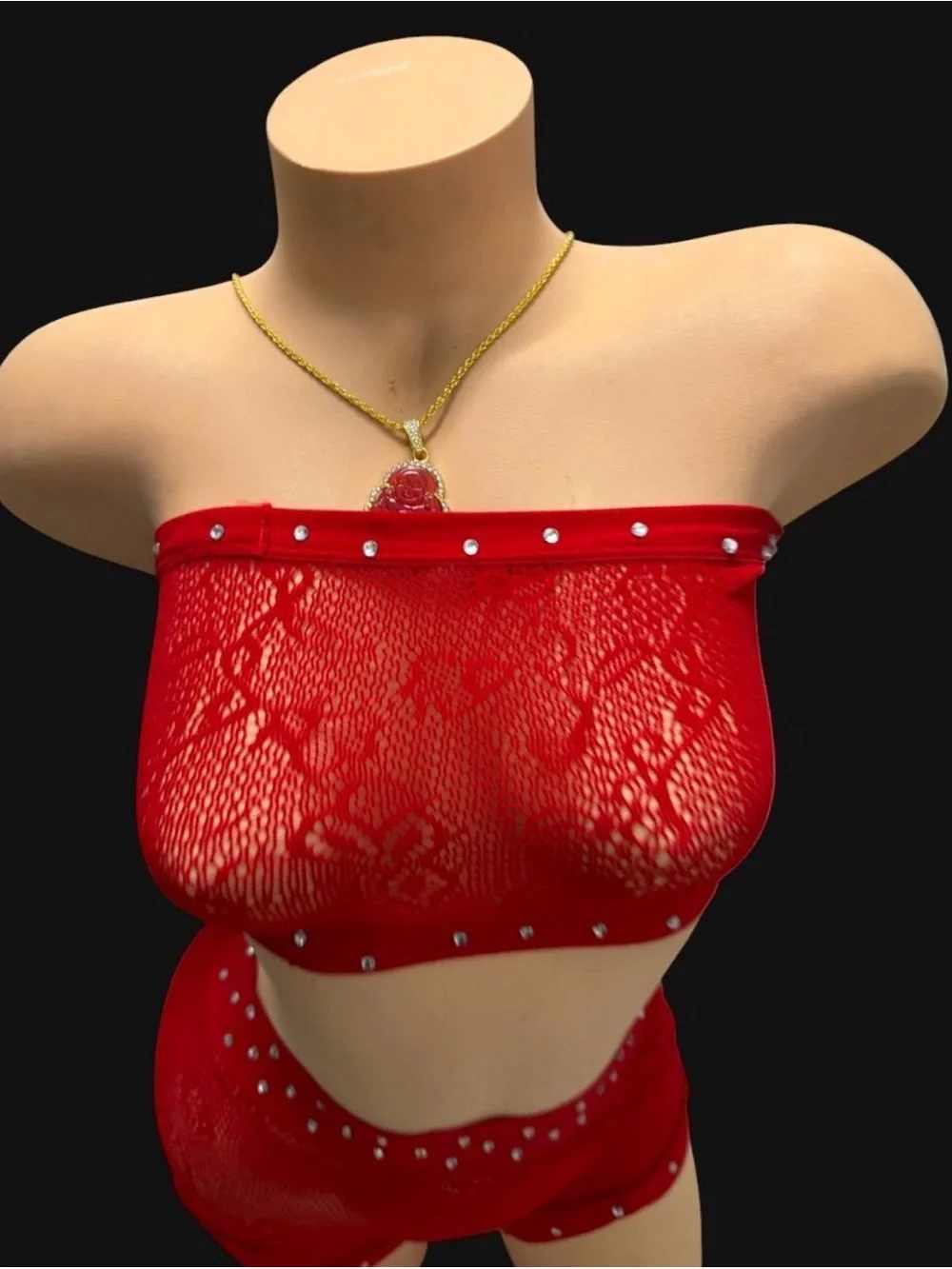 Red Lace Rhinestone Bandeau & Short Set - Women Intimates